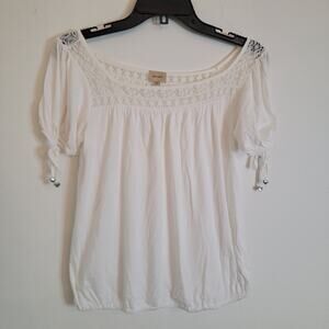 Ella‎ Moss White Top Small Peasant Prairie Cottage Knit Puff Sleeve Made in USA